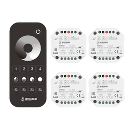 Фото #1 товара INTELLIGENT ARLIGHT Диммер SMART-SET-TRIAC-601-72-DIM-PD-IN Black (230V, 1x1.5A, x4, ПДУ 10кн, 2.4G) (IARL, IP20 Пластик, 5 лет)