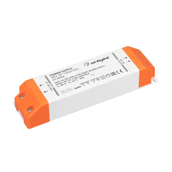 Фото товара Блок питания ARV-SP-12040-PFC (12V, 3.33A, 40W) (Arlight, IP20 Пластик, 5 лет)