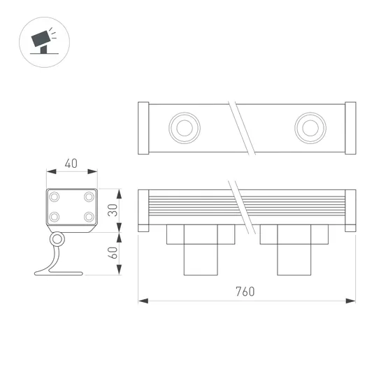 Фото #4 товара Линейный прожектор AR-LINE-760-18W Warm3000 (GR, 30 deg, 230V) (Arlight, IP65 Металл, 3 года)