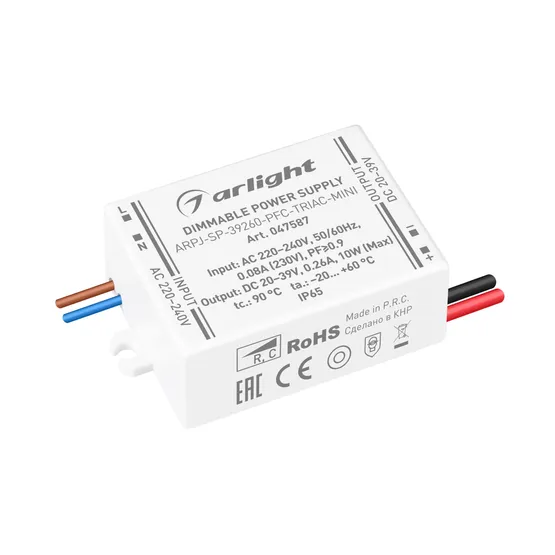 Фото #1 товара Блок питания ARPJ-SP-39260-PFC-TRIAC-MINI (10W, 20-39V, 260mA) (Arlight, IP65 Пластик, 5 лет)