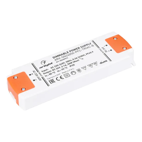 Фото товара Блок питания ARV-SN24050-PFC-TRIAC-B (24V, 2.1A, 50W) (Arlight, IP20 Пластик, 3 года)