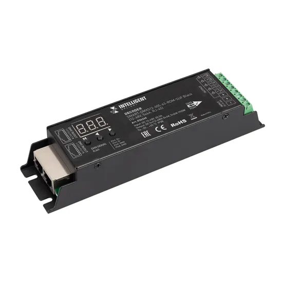 Фото товара INTELLIGENT ARLIGHT Декодер SMART-DMX512-305-63-RDM-SUF Black (12-48V, 5x4A, RJ-45) (IARL, IP20 Металл, 5 лет)