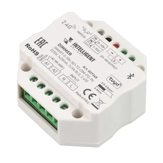 Фото товара INTELLIGENT ARLIGHT Диммер SMART-0-10V-301-72-DIM-PD-IN (230V, 1x20mA, TUYA BLE, 2.4G) (IARL, IP20 Пластик, 5 лет)