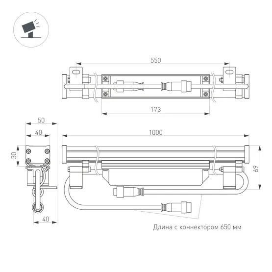 Фото #2 товара Линейный прожектор AR-LINE-1000-24W Warm2700 (GR, 30 deg, 230V) (Arlight, IP65 Металл, 3 года)